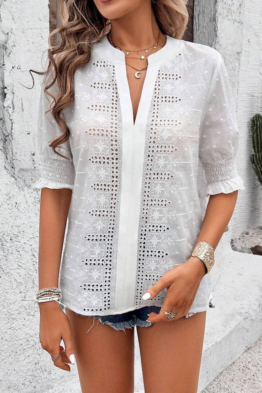 CWTTS1388_V-NECK PUFF SLEEVES HOLLOW POMPOM LACE T-SHIRT