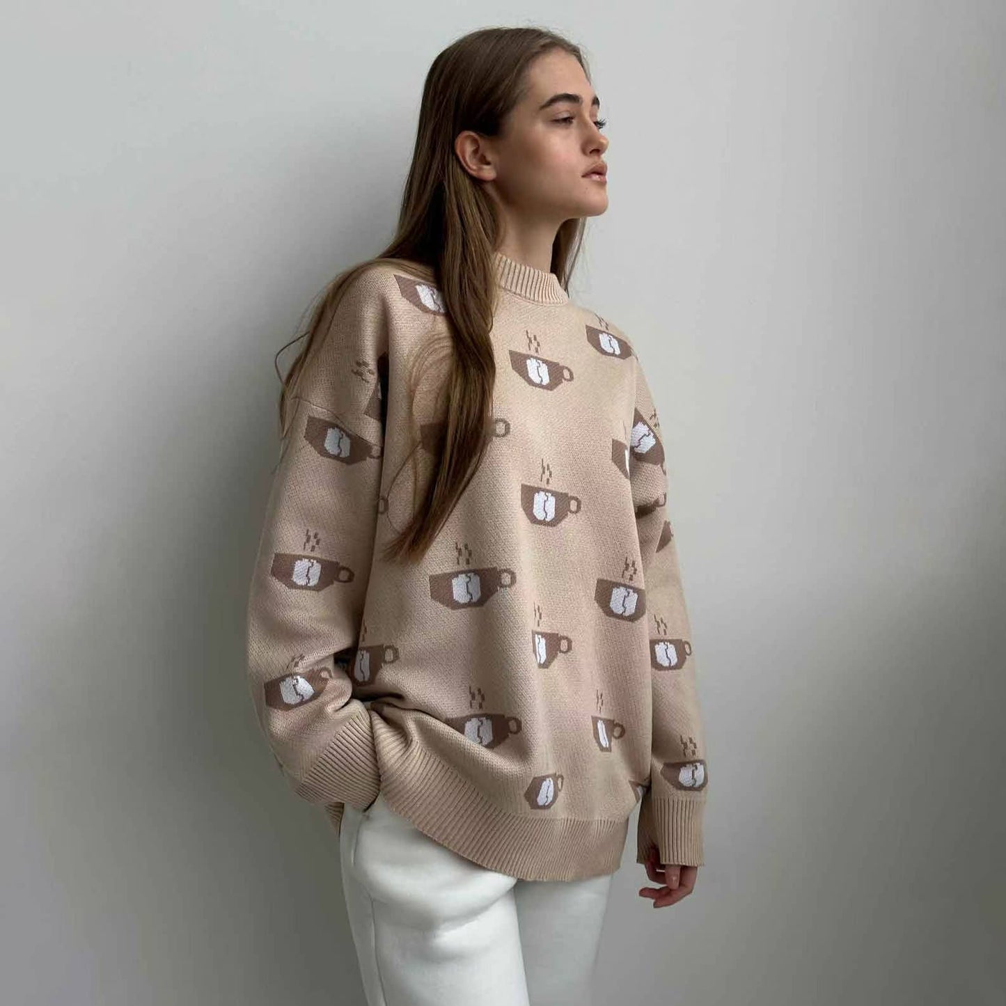 Coffee jacquard semi-turtleneck sweater