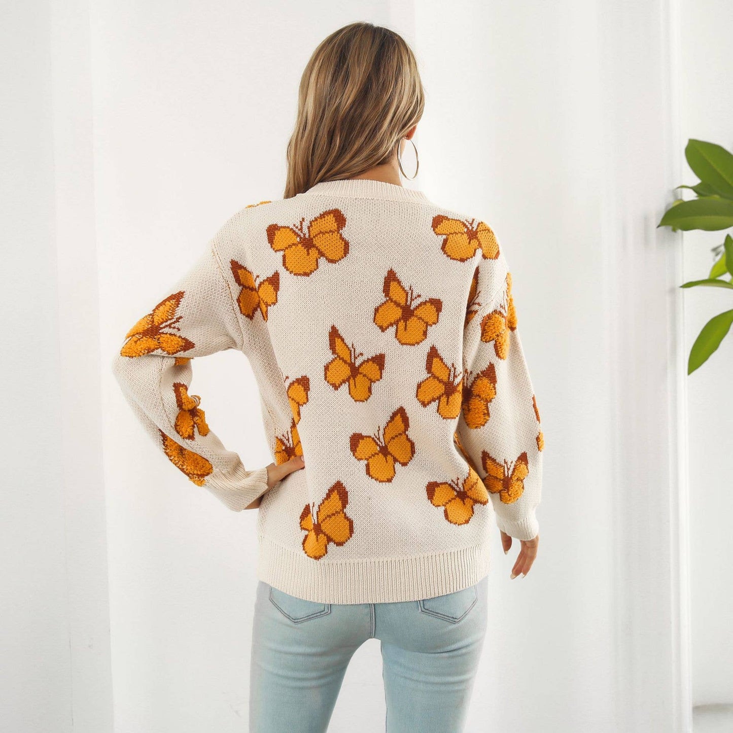 BUTTERFLY SWEATER WITH LOOSE CREW NECK PULLOVER