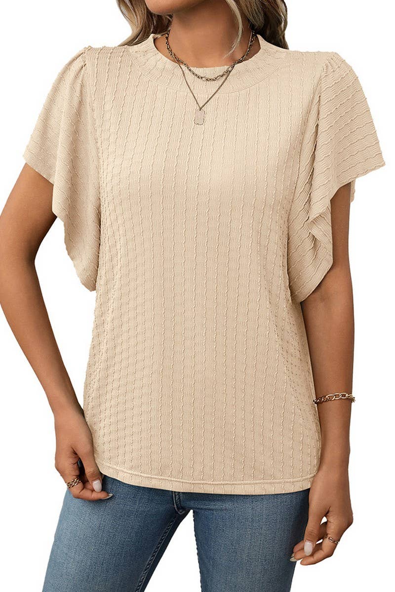 CWTBLS1718_SOLID COLOR ROUND NECK RUFFLE SLEEVE TOP