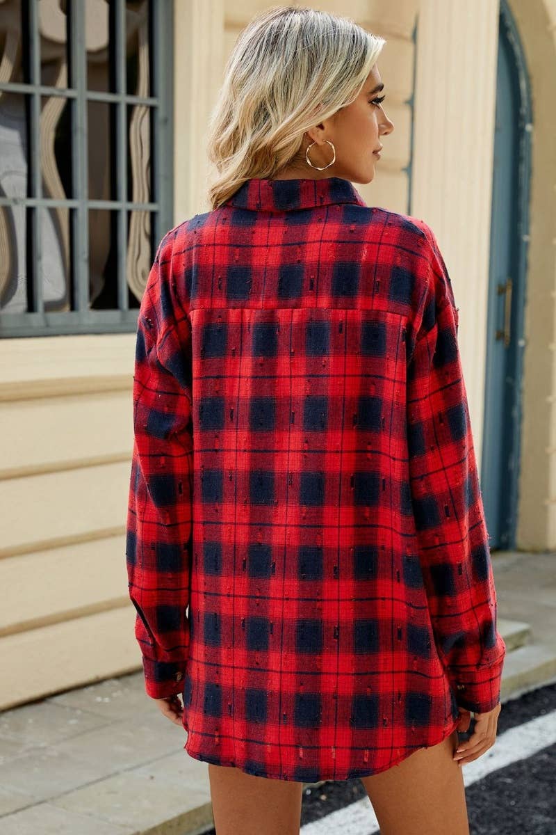 CWTSTL2256_AUTUMN VINTAGE PLAID LONG-SLEEVED SHIRT TOP