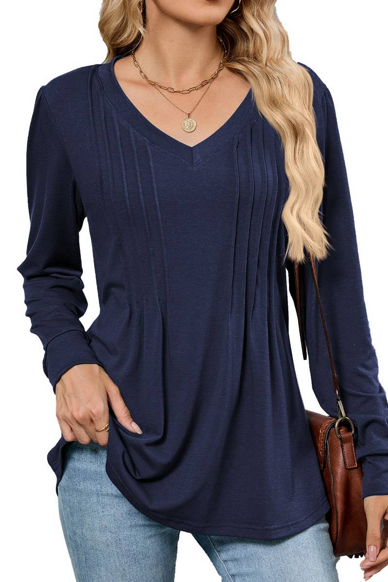 CWTTL00999_SOLID COLOR V-NECK STRIPED LOOSE T-SHIRT