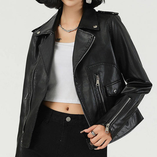 Spring Crop PU Biker Jacket??œSlim Fit Leather Coat_CWMM9019