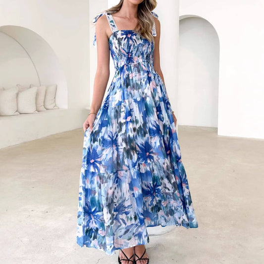 Floral print tie-back waist ruffled hem dress