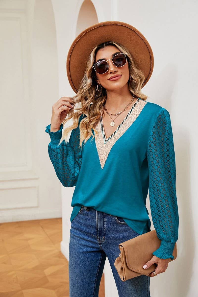 CWTBLL3665_V-NECK LACE PATCHWORK LONG SLEEVED LOOSE TOP