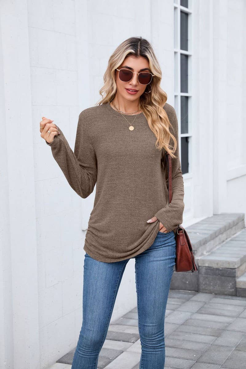 CWTBLL01304_COLORBLOCK RUCHED LONG SLEEVE CASUAL T SHIRT