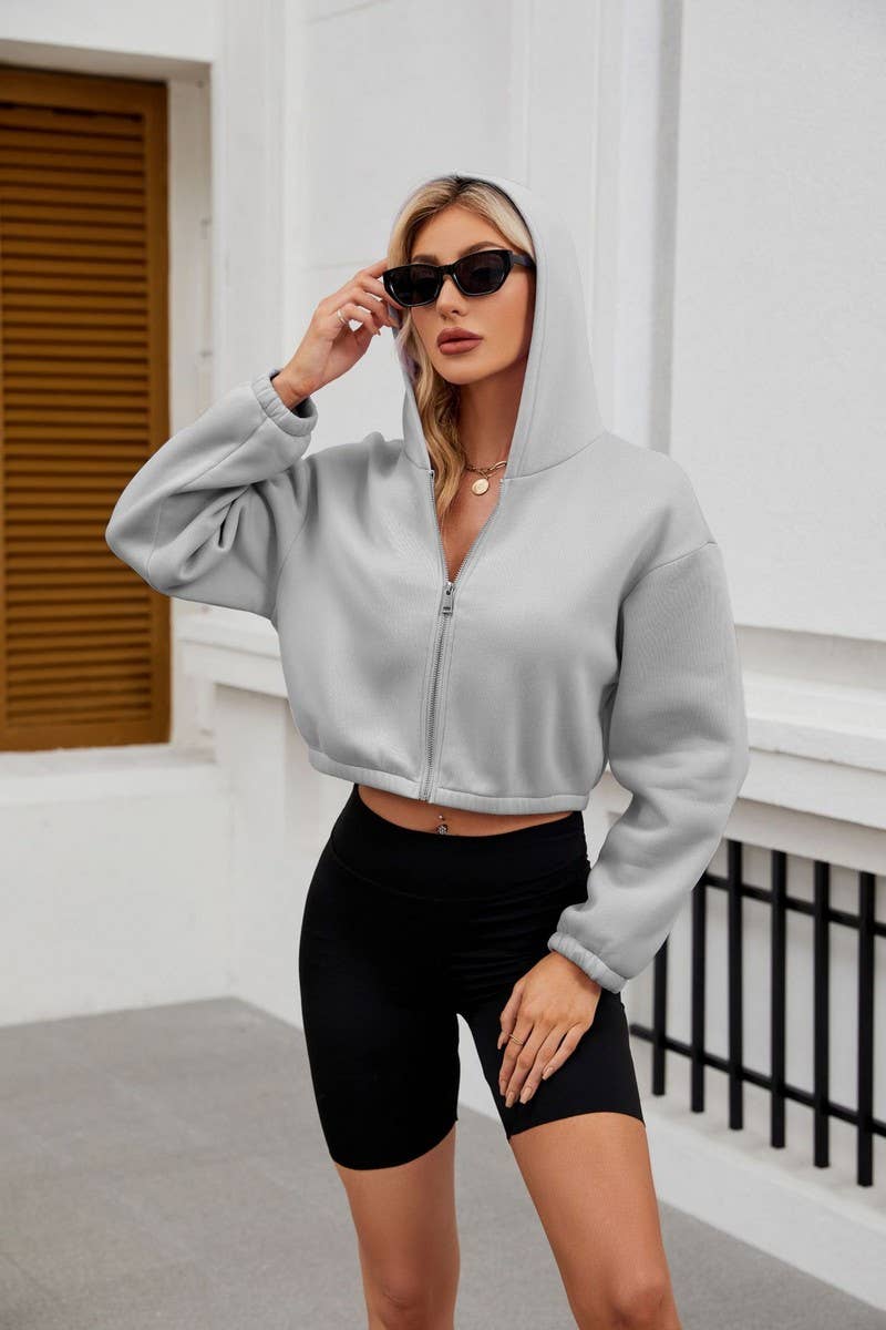 CWOCO0893_SOLID COLOR LONG SLEEVE ZIP-UP HOODIE COATS