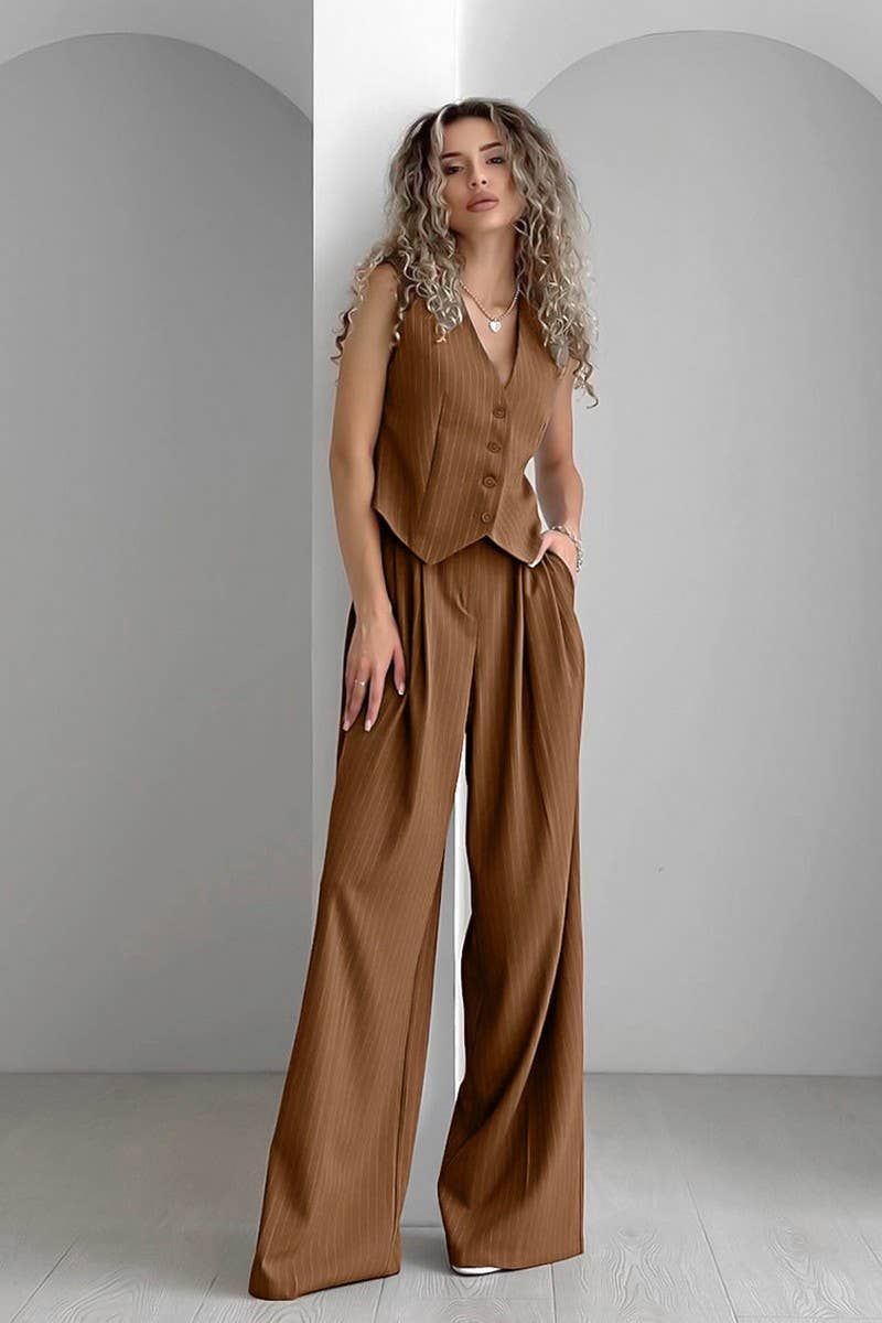 CWSJB0055_RETRO V-NECK STRIPED SUIT TWO-PIECE SUIT