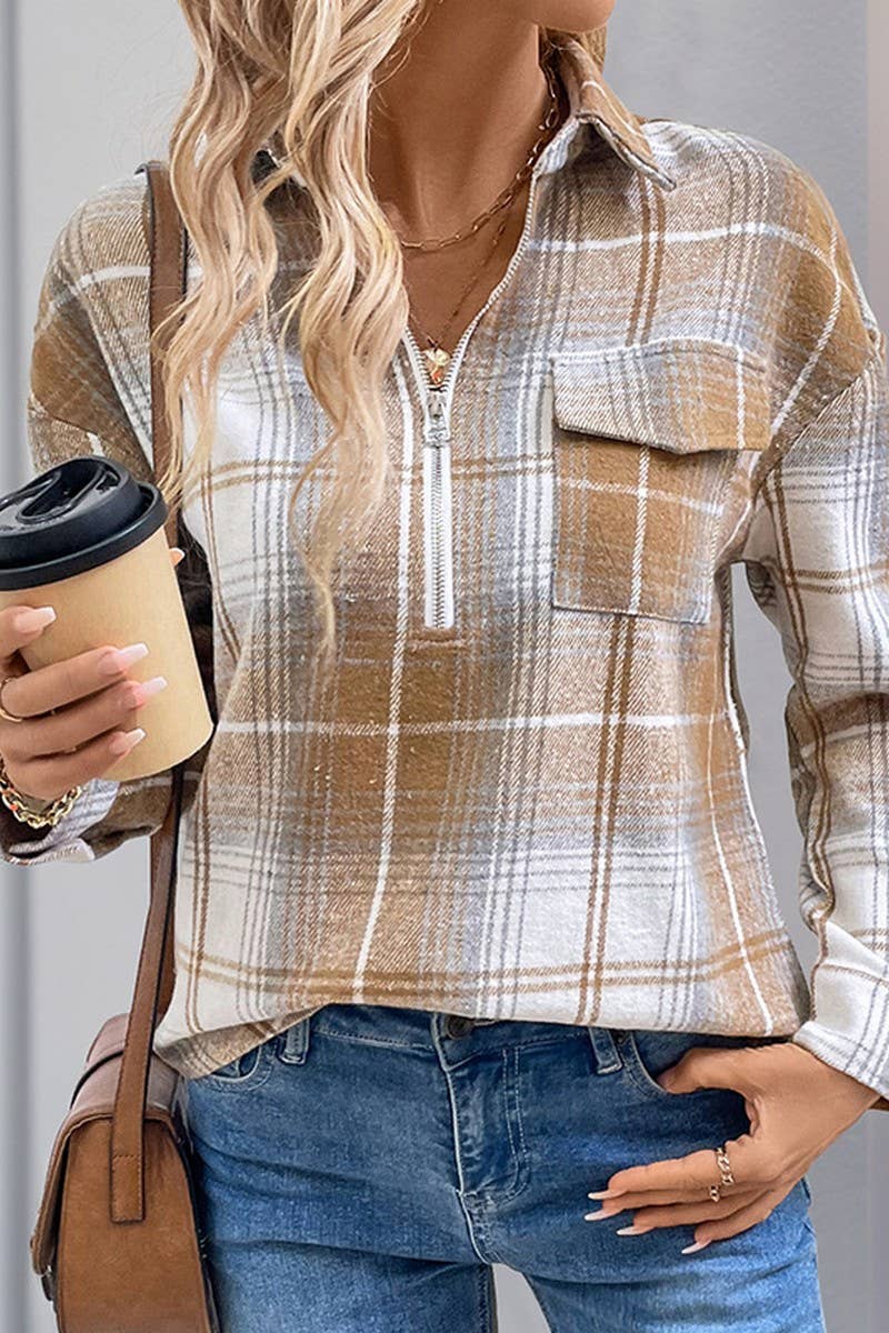 CWTBLL2037_ZIPPER LAPEL PLAID LOOSE SHIRT TOP