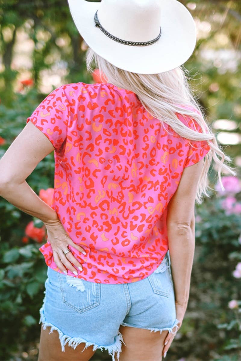 CWTBLS1386_SUMMER V-NECK SHORT SLEEVE LEOPARD PRINT TOP