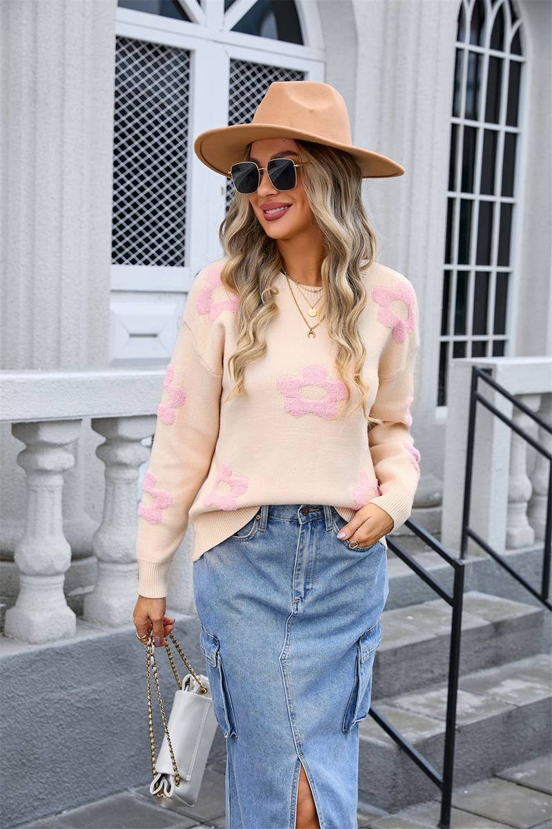 CWOSWL3110_FLORAL ROUND NECK PULLOVER LONG SLEEVE KNIT TOP