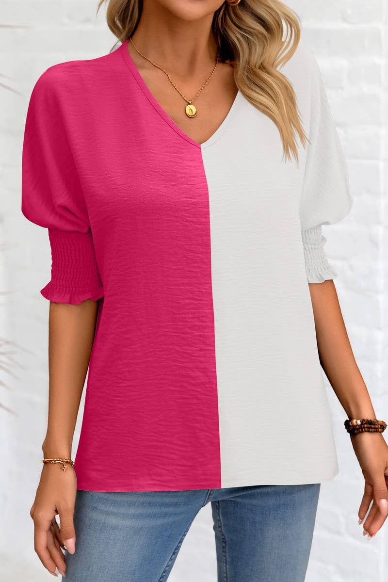 CWTBLS1501_COLORBLOCKED COLLAR LOOSE-FITTING BAT-SLEEVE TOP