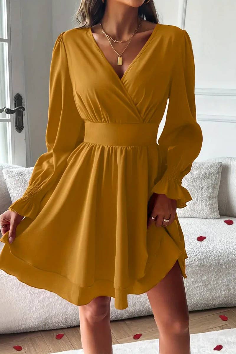 CWDSD8566_SOLID DOUBLE LAYER HEM V-NECK WAIST DRESS