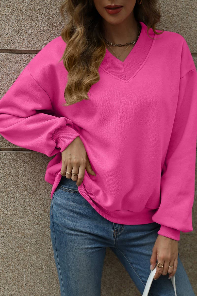 CWTBLL4011_SOLID V-NECK FLEECE LINED LOOSE FIT SWEATSHIRT