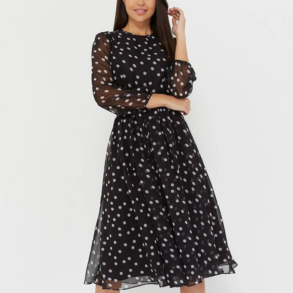 COFFEE COLOR POLKA DOT LACE PRINT CHIFFON DRESS