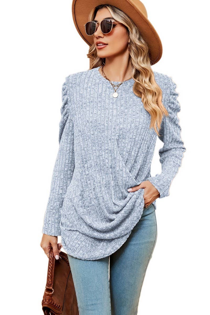CWTBLL2403_ROUND NECK LONG SLEEVE TWISTED PUFF SLEEVE TOP