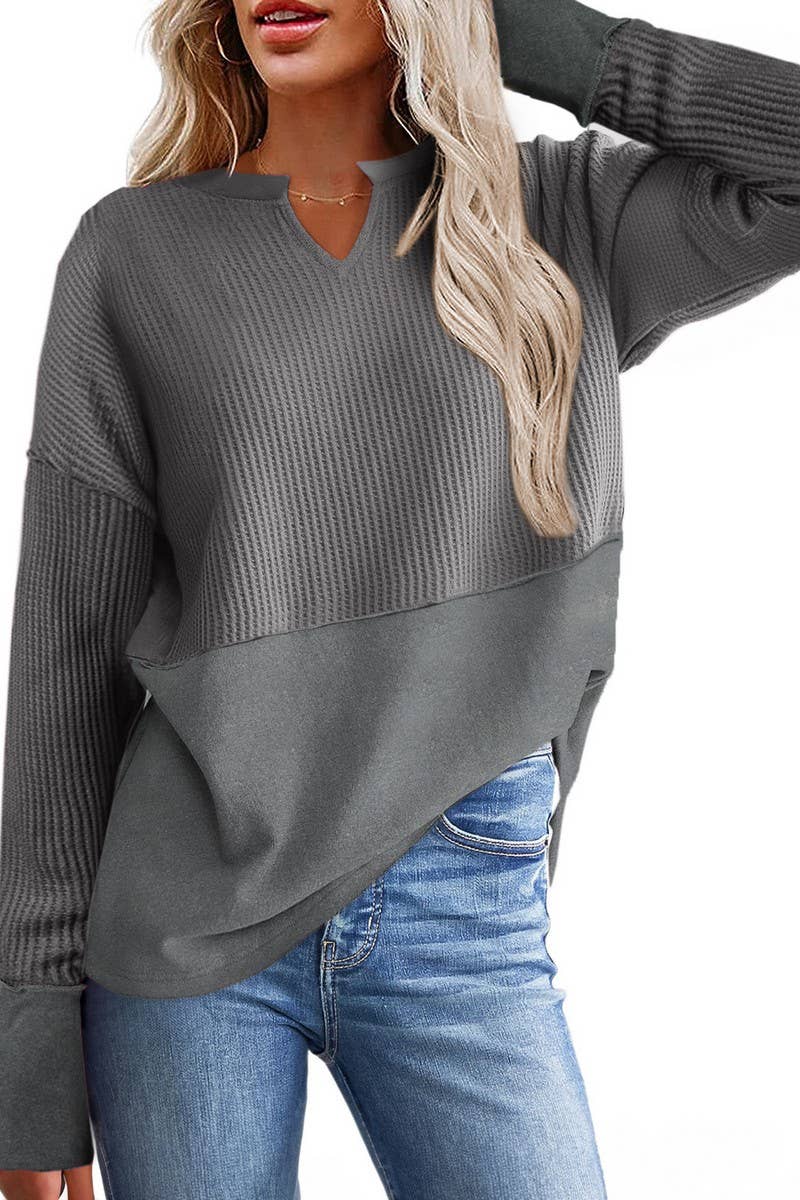 CWTBLL2422_SOLID COLOR PATCHWORK LONGSLEEVE LOOSE SWEATSHIRT
