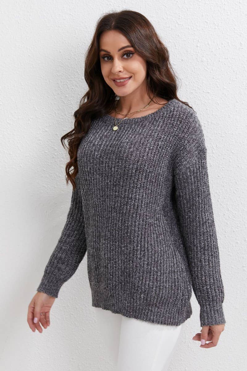 CWOSWL07669_SOLID COLOR ROUND NECK LOOSE PULLOVER SWEATER