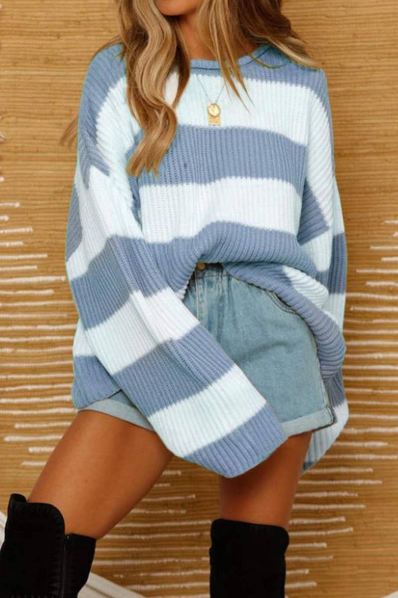 CWOSWL5734_STRIPED LOOSE CREW NECK LONG SLEEVE SWEATER TOP