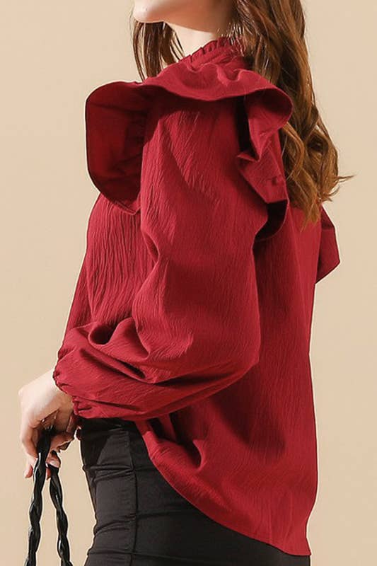 CWTBLL259_RUFFLED BUTTON SOLID COLOR V NECK  BLOUSE