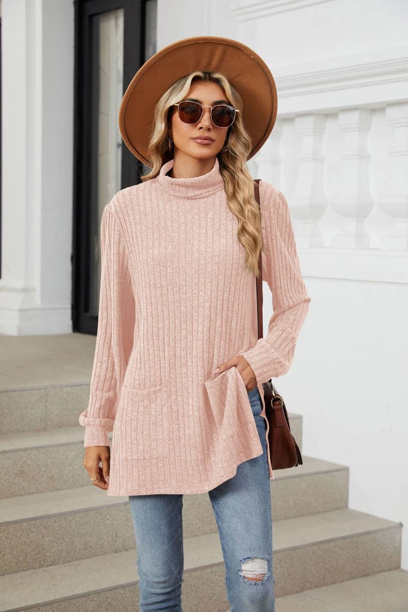 CWOSWL6563_TURTLENECK LONG SLEEVE POCKET SLIT SWEATER LONG