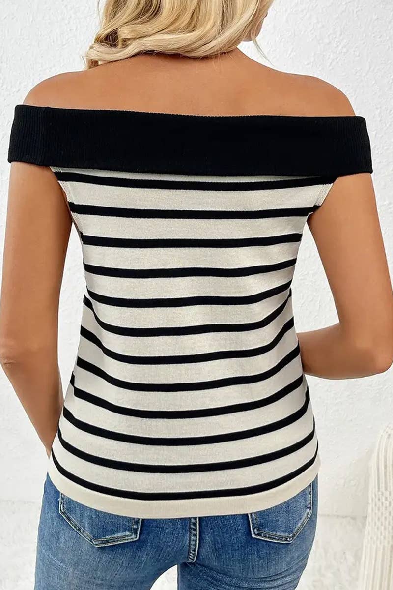 CWTTS1306_FASHION STRIPED OFF-SHOULDER BOAT NECK SWEATER