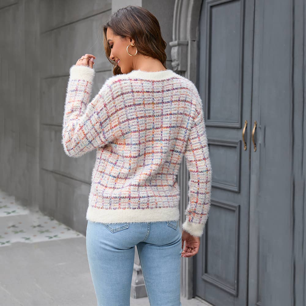 CREW-NECK KNIT FLUFFY PATCHWORK FASHION SWEATER