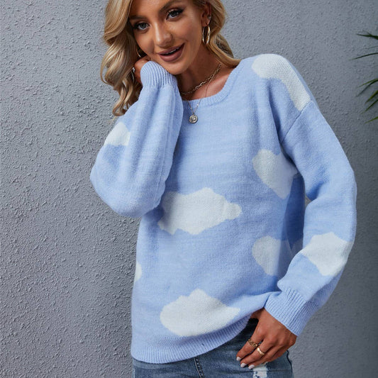 Crew-neck blue knit pullover white cloud hoodie