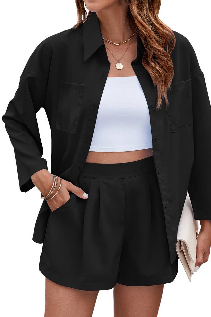 CWSS1094_FASHIONABLE COMMUTER LOOSE LAPEL SHIRT SHORTS SUIT