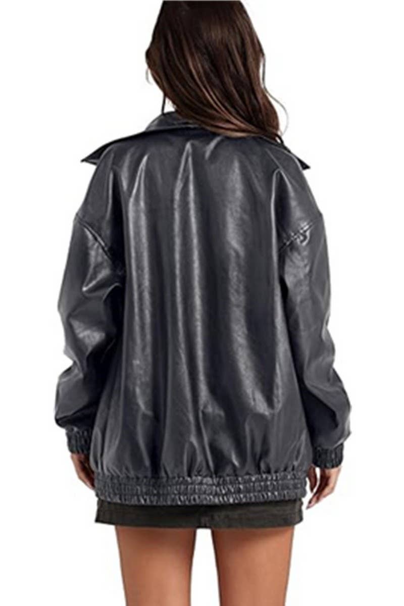 CWOCO1150_LAPEL ZIPPER SIDE POCKET PU LEATHER JACKET