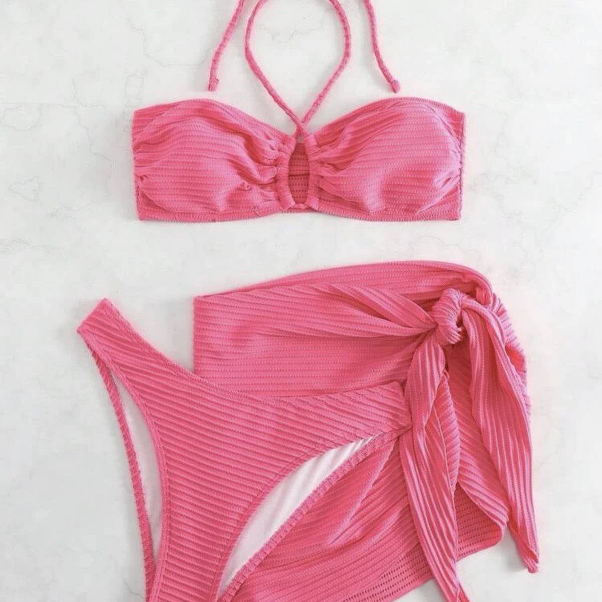 3 Piece Bikini Set - Halter with Mesh Skirt_CWMW0146