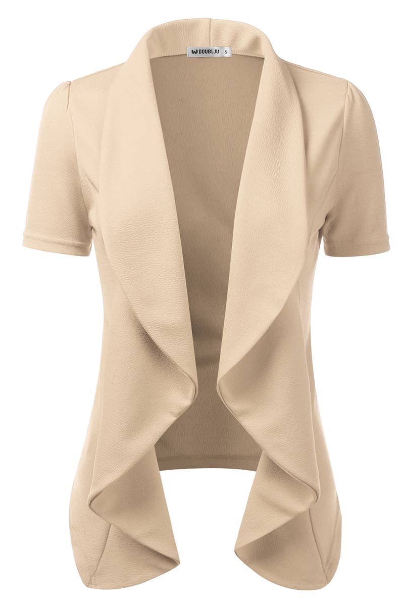 CWOBL095_Short Sleeve Open Front Draped Ruffles Blouses