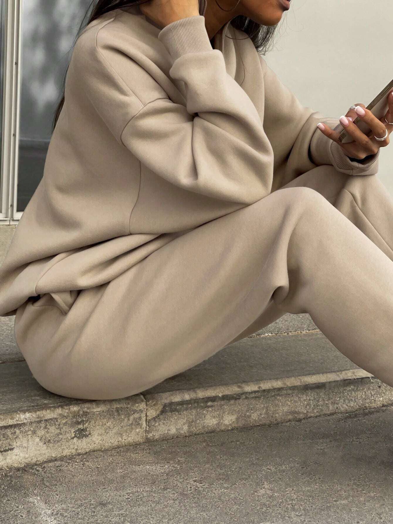 Fashion zipper lapel solid color two-piece set