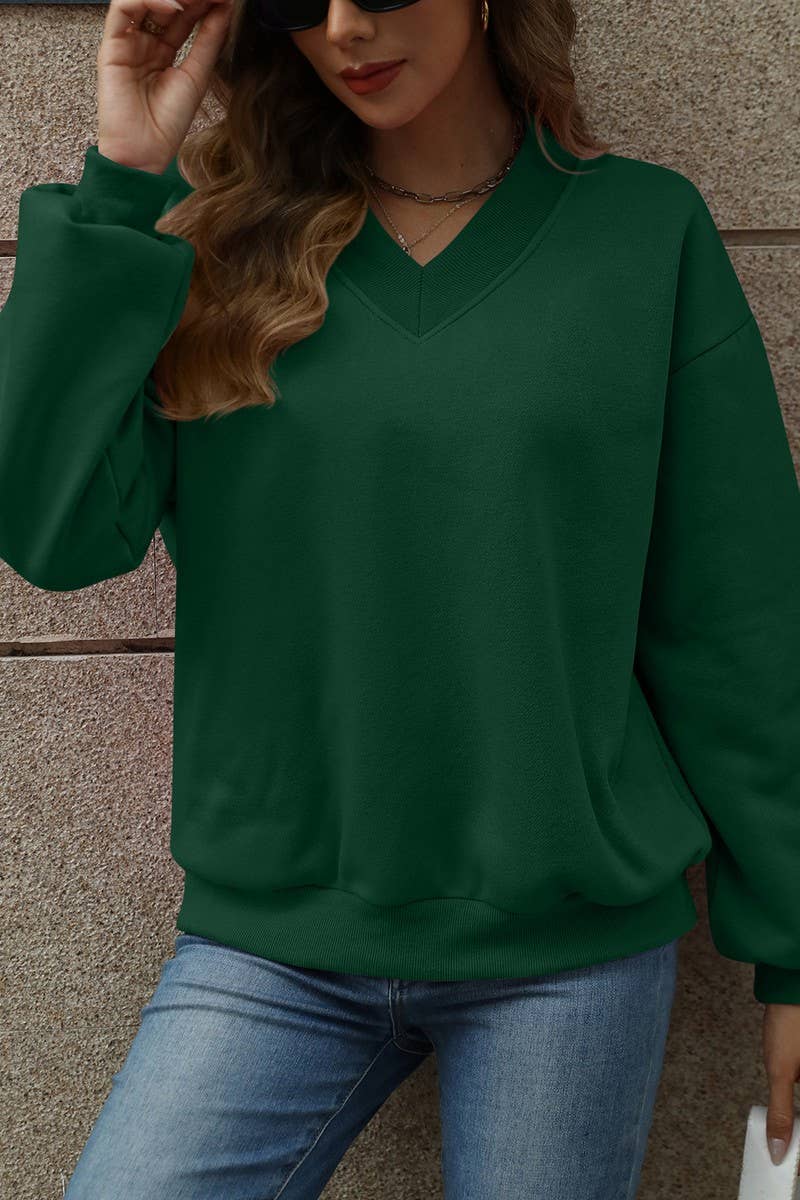 CWTBLL4011_SOLID V-NECK FLEECE LINED LOOSE FIT SWEATSHIRT