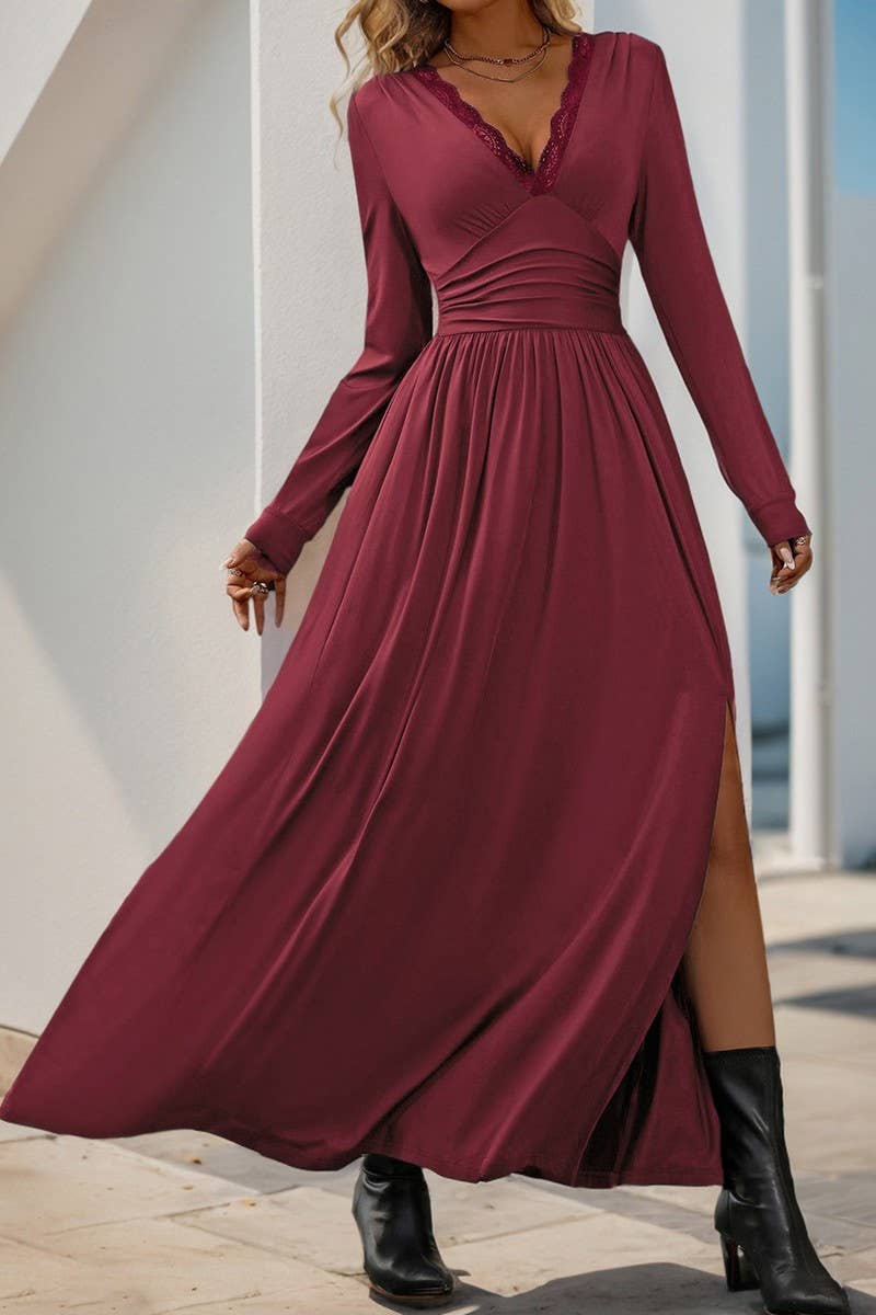 CWDMD3564_V-NECK SOLID COLOR SLIT SLIM MAXI DRESS
