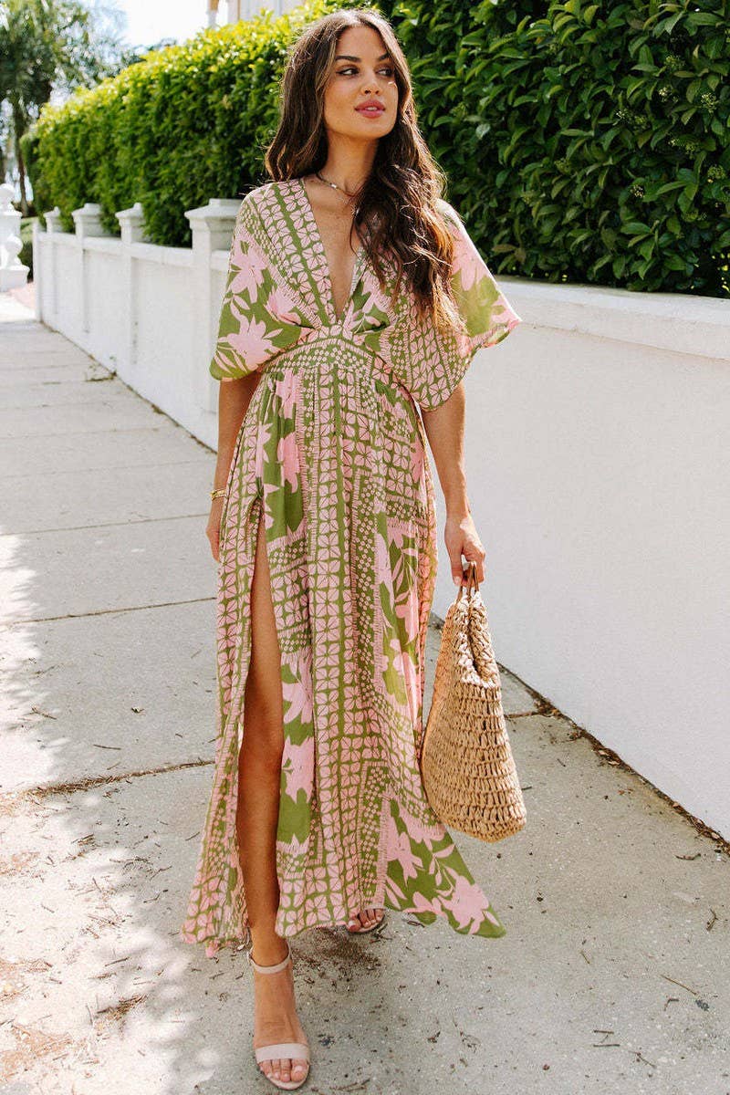 CWDMD1606_DEEP V-NECK BAT SLEEVE PRINTED MAXI DRESS