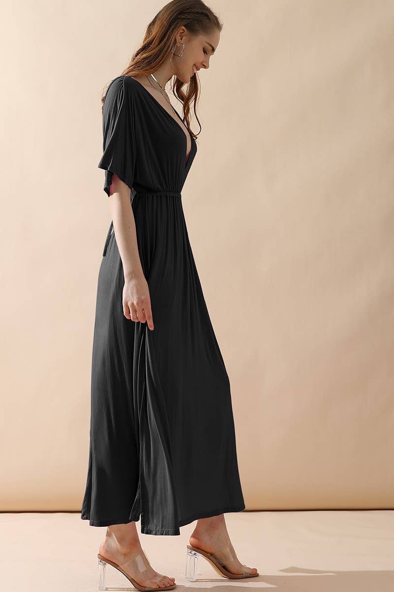 CWDMD825_V NECK BACK BOW TIE EMPIRE MAXI DRESS