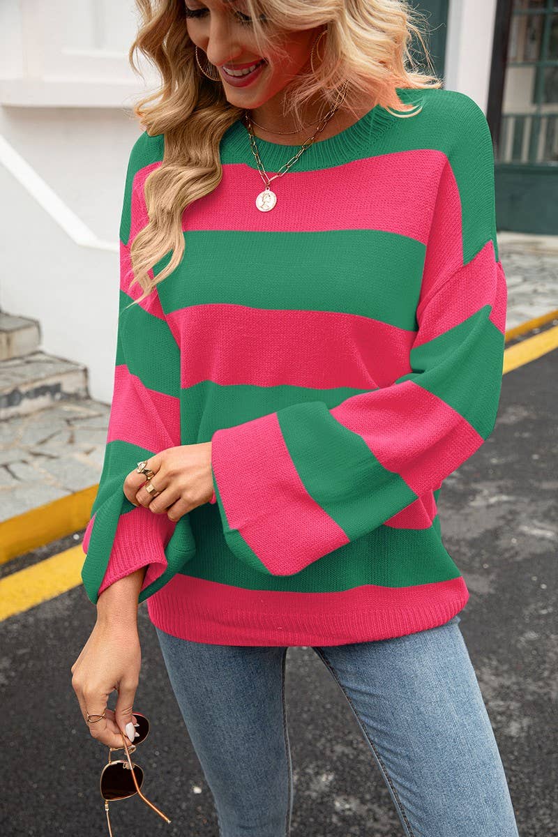 CWOSWL3148_STRIPED CONTRAST CREW NECK KNITTED LOOSE SWEATER