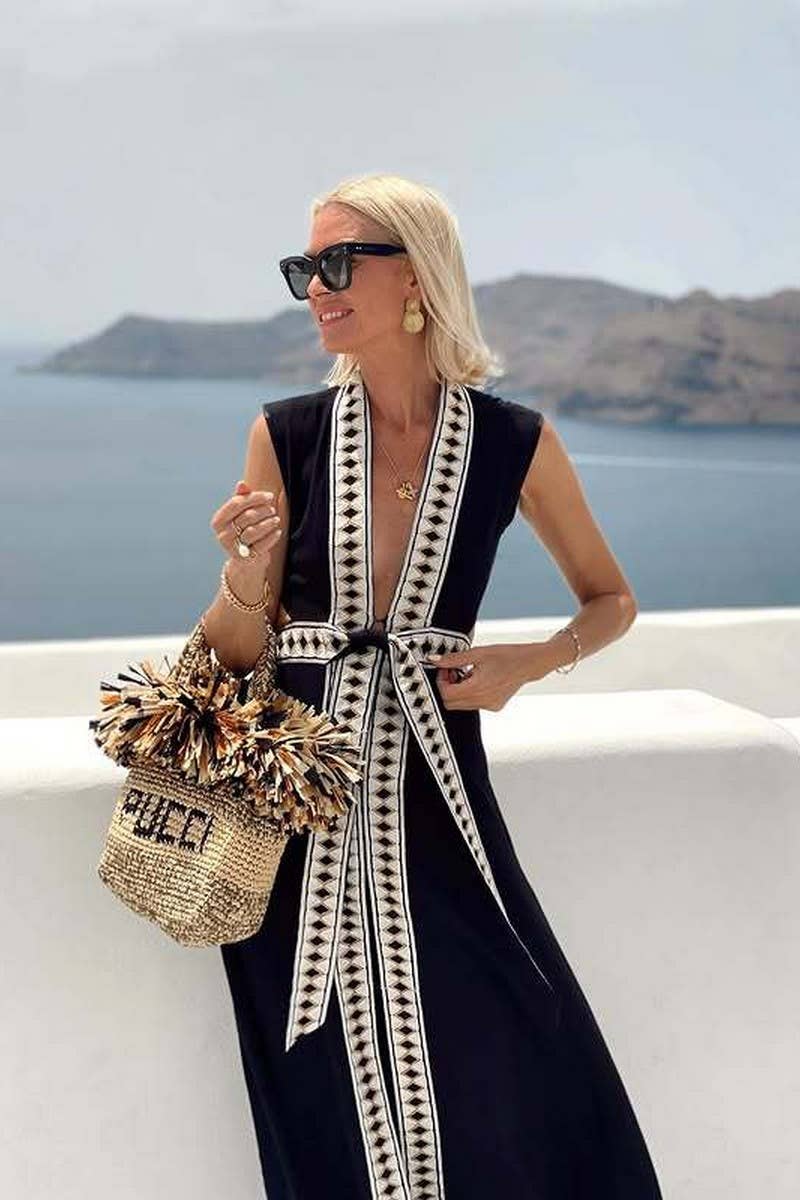 CWDMD6481_COLORBLOCK DEEP V TIE WAIST BEACH COVER UP