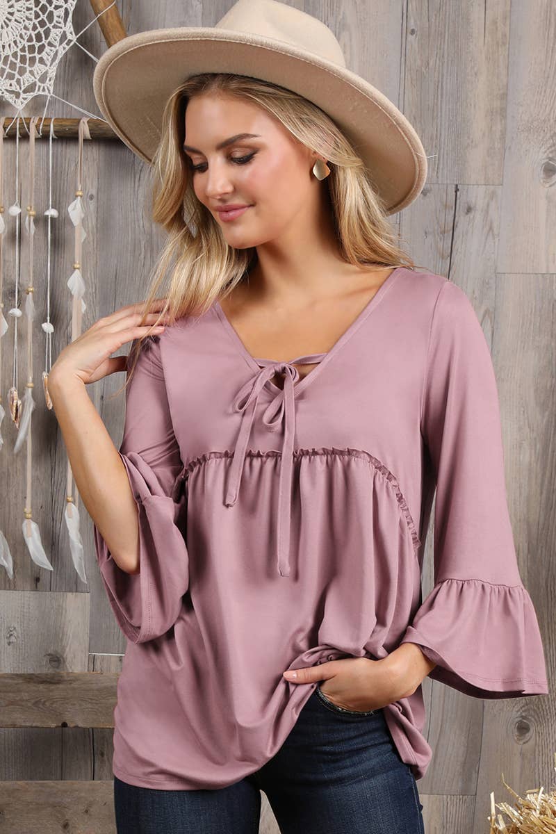 CWTTL1401-P_3/4 SLEEVE WITH NECK STRING DETAILED TOP