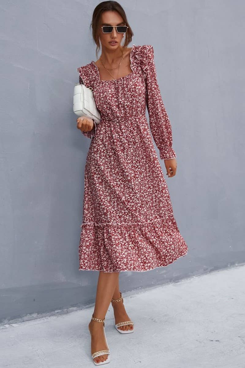 CWDSD2751_Sweetheart Neck Long Sleeve Print Dresses