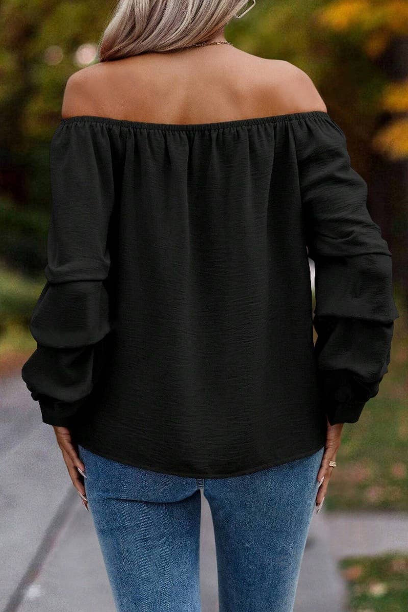 CWTBLL4006_SOLID OFF SHOULDER KNOT SLEEVE LONG SLEEVE SHIRT