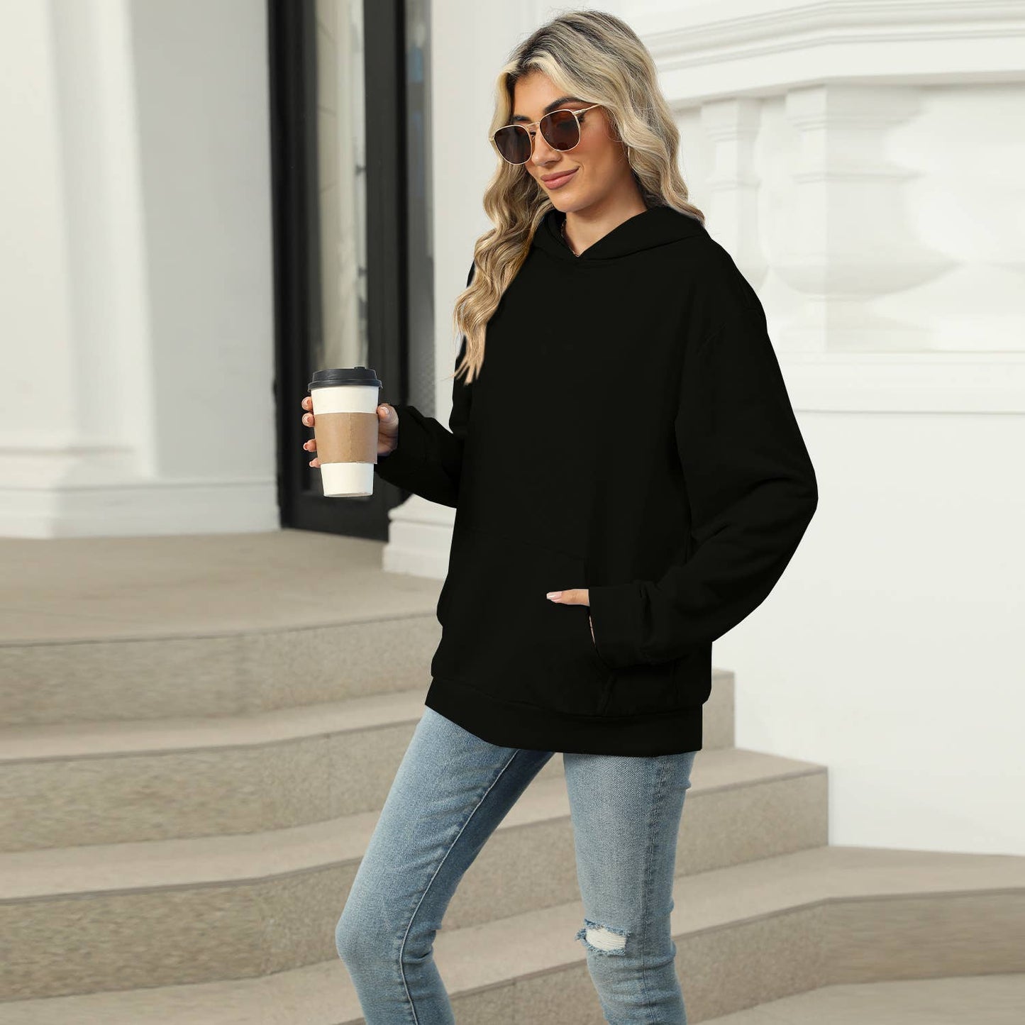 CASUAL HOODED POCKET HOODIE SOLID COLOR TOP