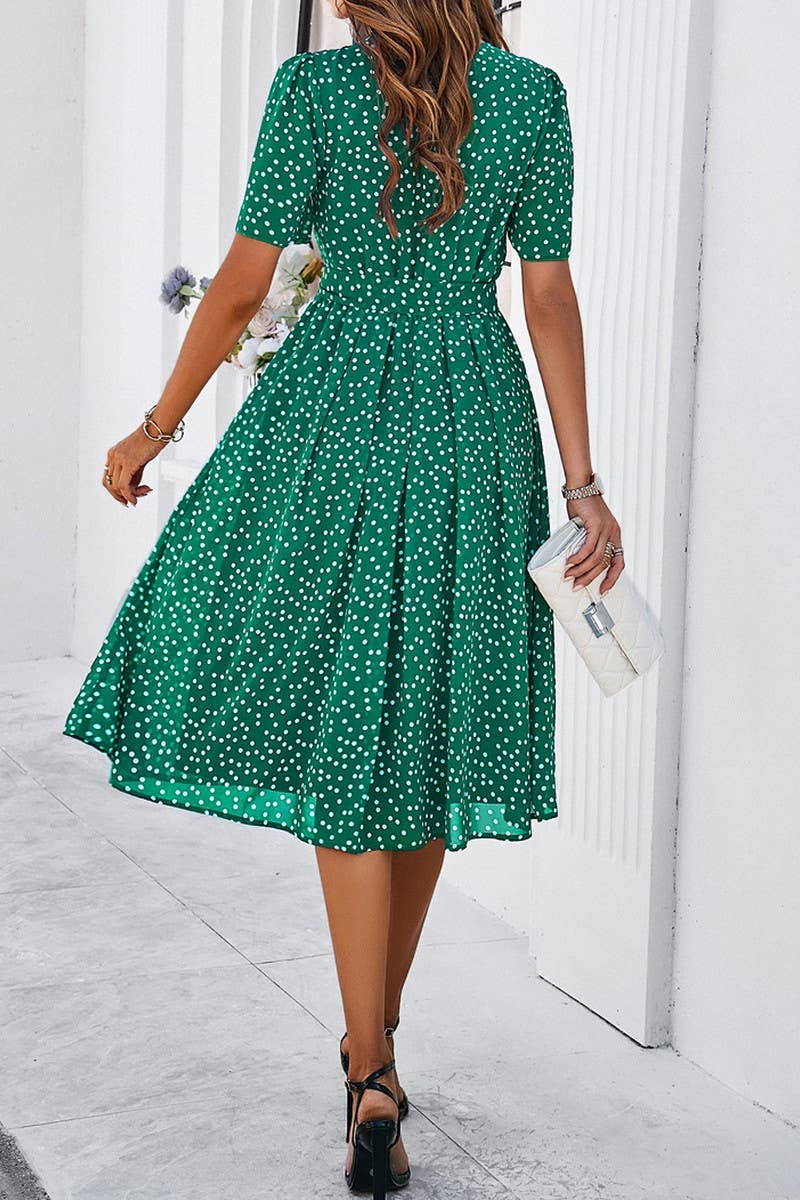CWDSD7139_TEMPERAMENT CASUAL POLKA DOT LACE-UP PRINT DRESS