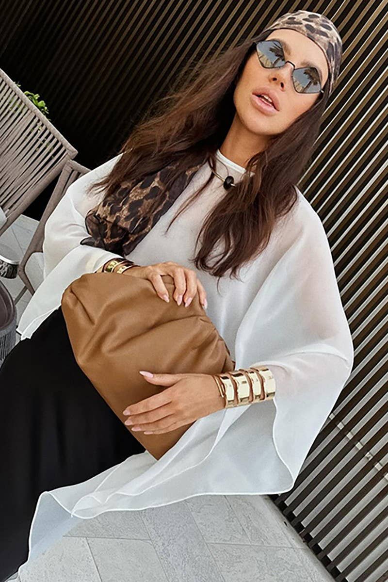 CWTBLL538_SOLID COLOR SEE-THROUGH LOOSE LONG-SLEEVED TOP