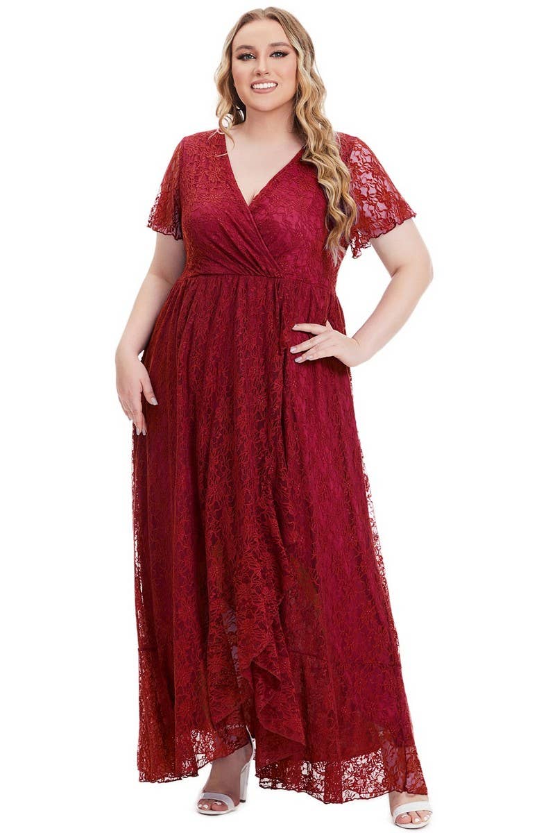 CWDMD3206_PLUS SIZE V-NECK LACE LONG EVENING DRESS