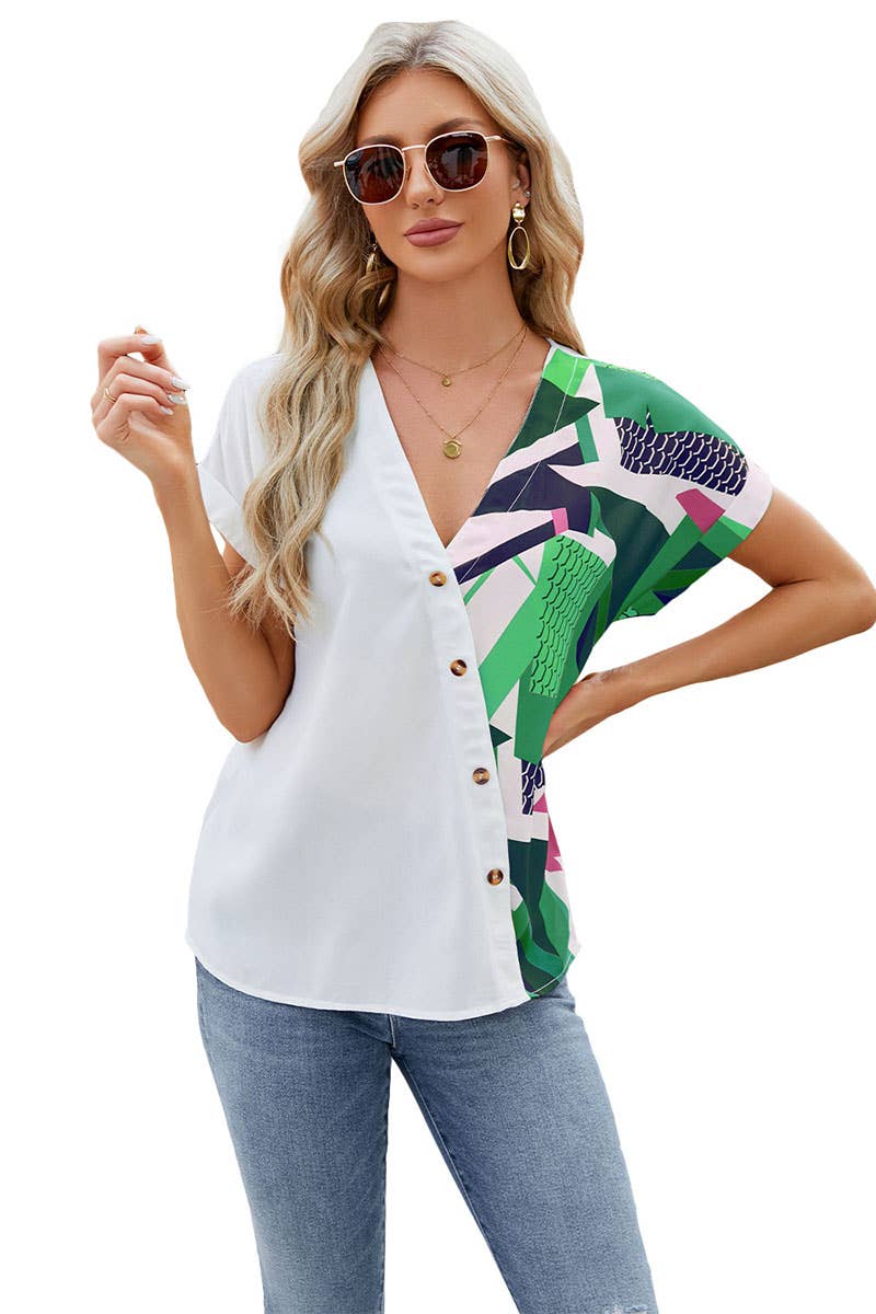 CWTBLS0297_V-Neck Button Detailed Shirt Sleeve Top