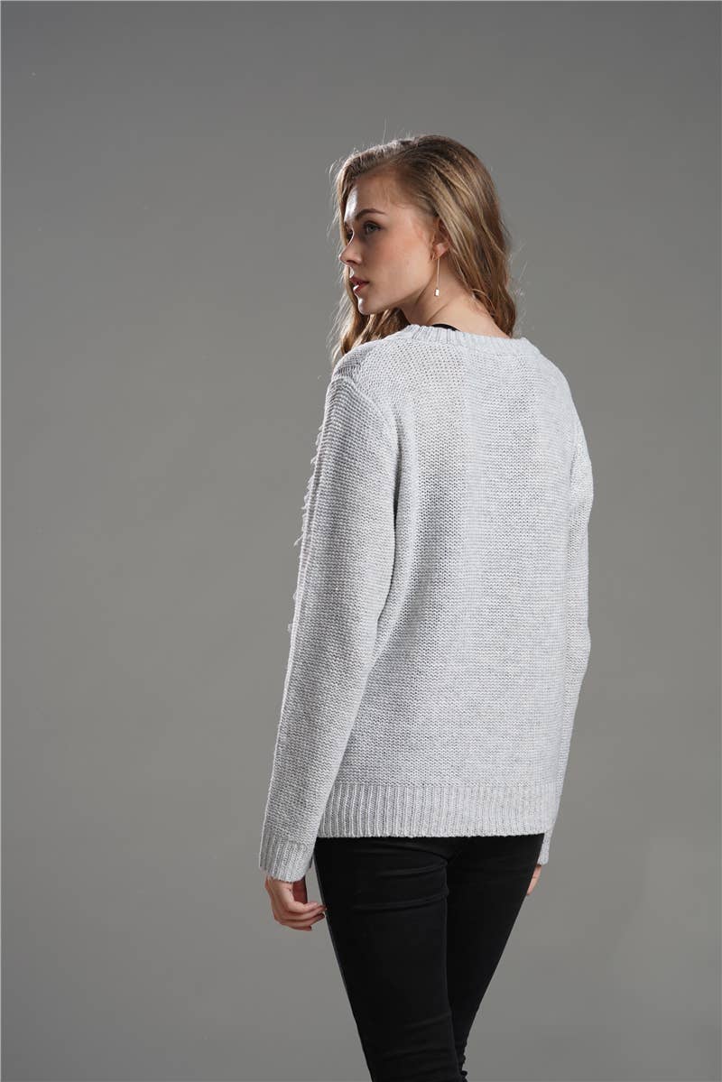 CREWNECK LONG SLEEVE PULLOVER SWEATER WITH FRINGE