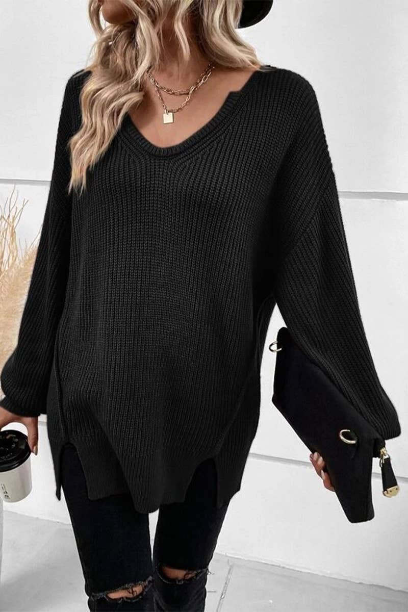 CWTBLL3567_FASHIONABLE V-NECK LOOSE LONG-SLEEVED SWEATER