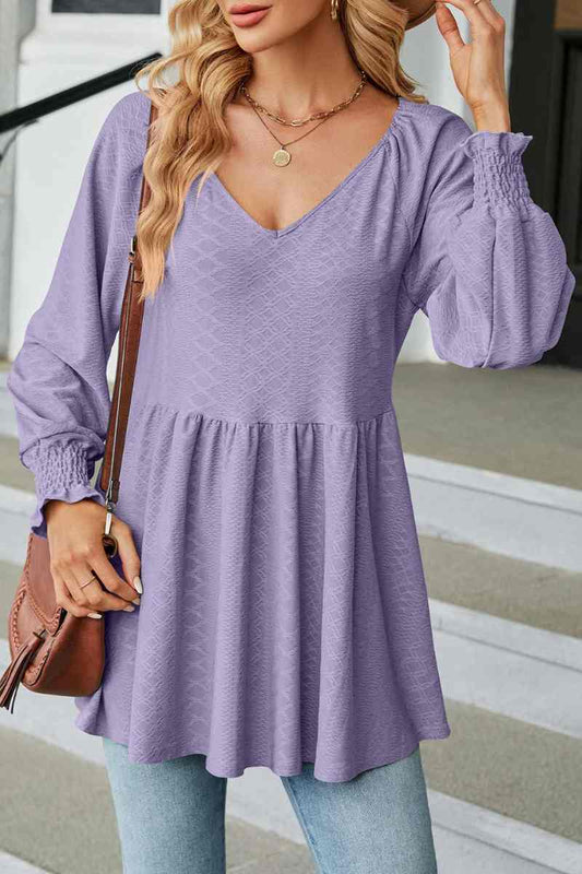 CWTBLL2836_V-NECK LONG SLEEVE PATCHWORK DRESS TOP